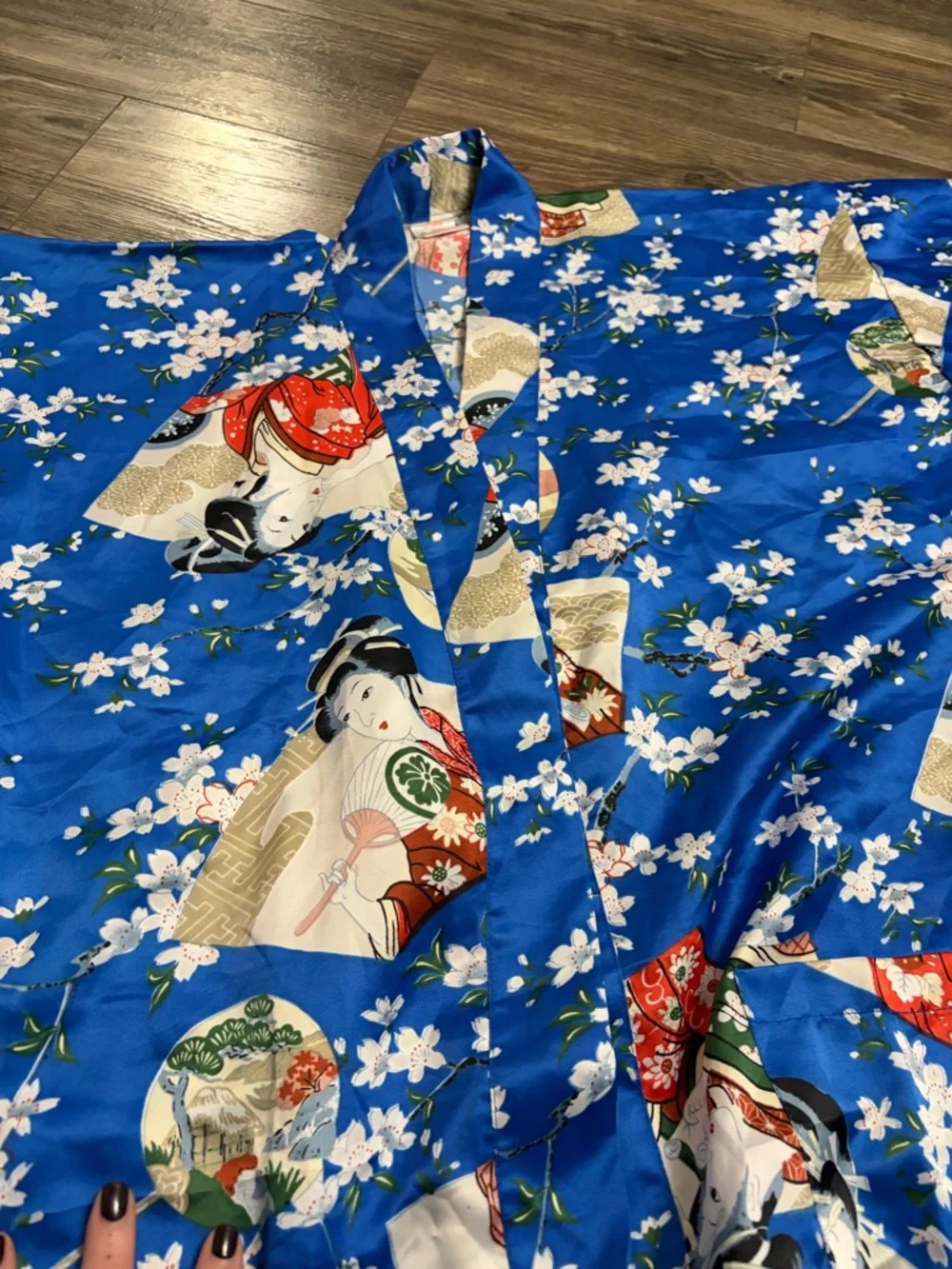 70s European Vintage Geisha Cherry Blossom Maxi Kimono Robe (Blue/Multi) L - Picture 7 of 8
